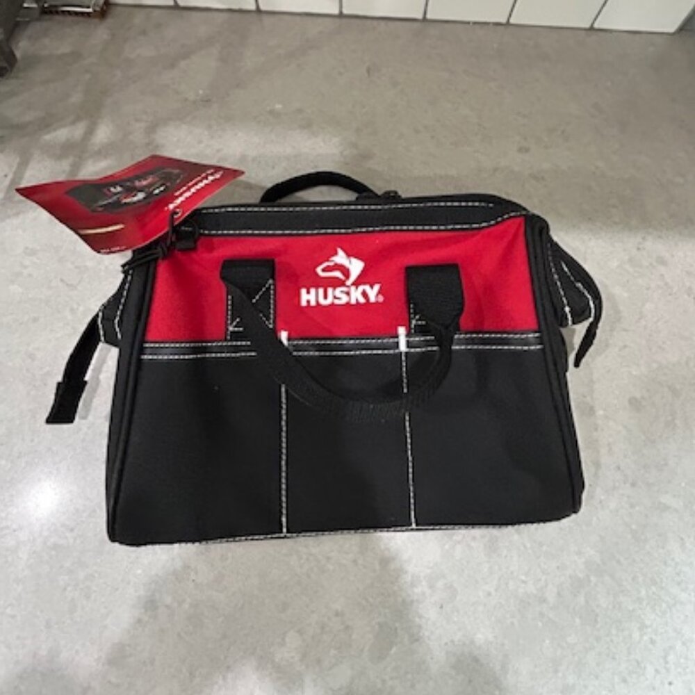 HUSKY 12" Tool Bag - 600 Denier Zippered Water Resistant 4 pocket Wide Opening